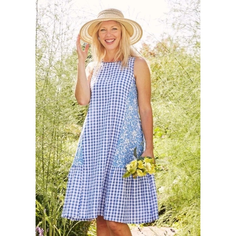 April Cornell XS Blue Gingham Seersucker Flowy Midi Dress Beach Cottagecore